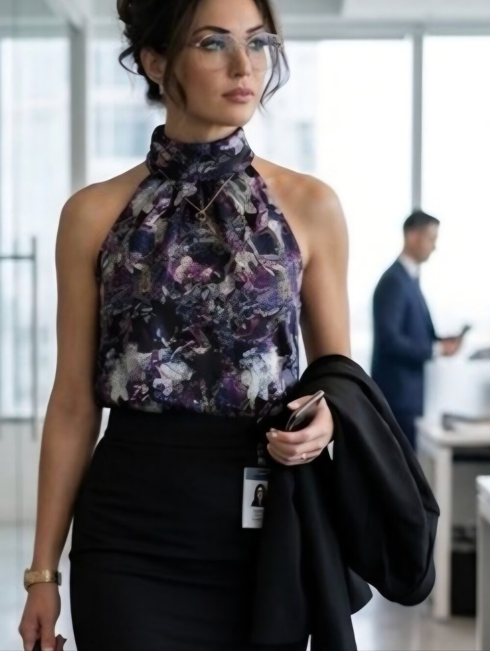 The Limited Purple Abstract Floral Halter Neck Top